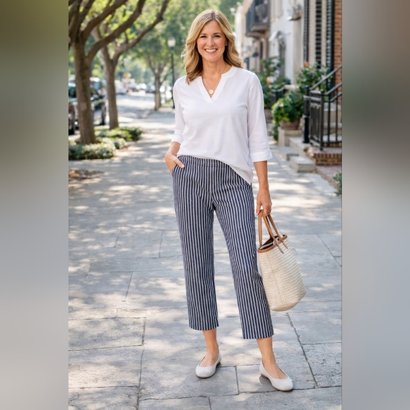 Rafaella Comfort Pants - Rafaella Striped Cropped Pants | Nautical Preppy Chic | Stretch Comfort Size 14